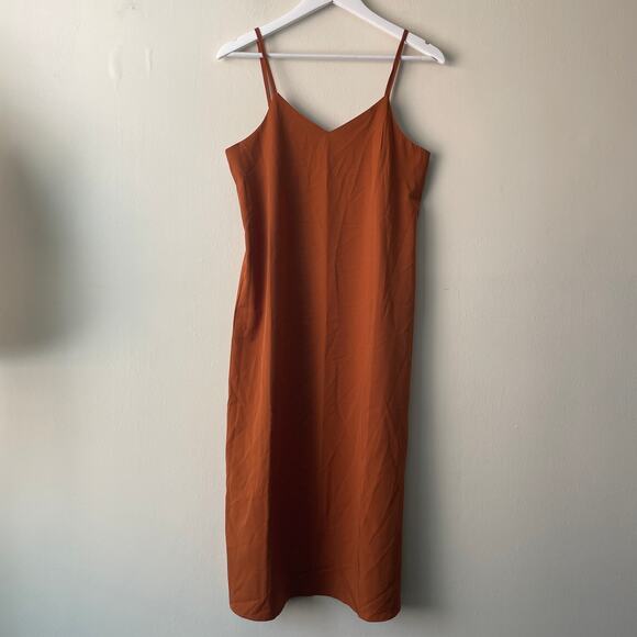 The Open Satin Silky Spaghetti Strap V-Neck Midi Dress in Burnt Orange -S - Picture 6 of 12